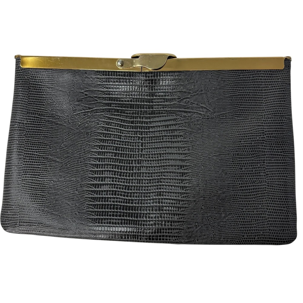 Vintage Etra Genuine Leather Black Lizard Embossed Clutch Chain Shoulder Bag